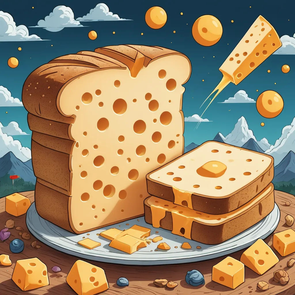a piece of bread with cheese on a plate with a slice of cheese on a plate with a slice of cheese on it, psychedelic art, a storybook illustration, Chris LaBrooy, rossdraws global illumination