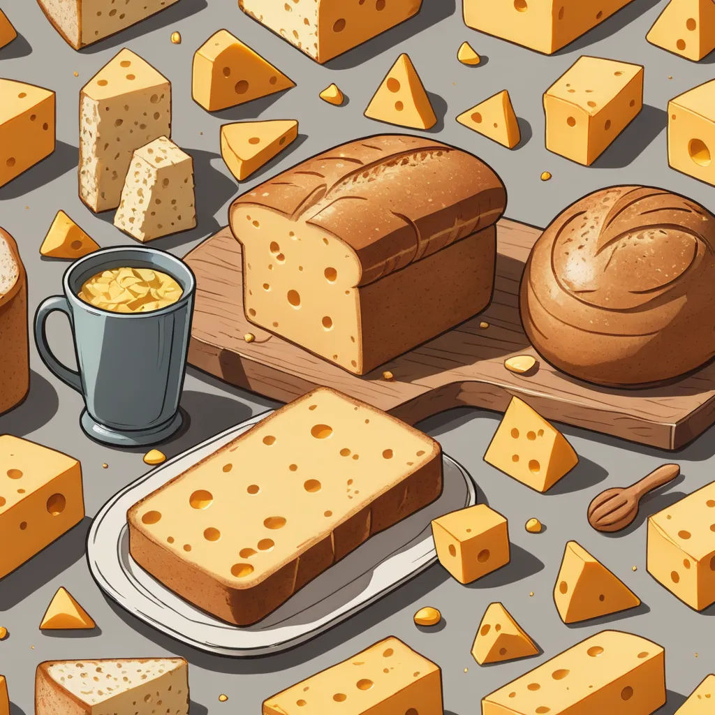 a bunch of cheeses and bread on a table with a cup of coffee and a loaf of bread, cubism, vector art, Chris LaBrooy, detailed illustration