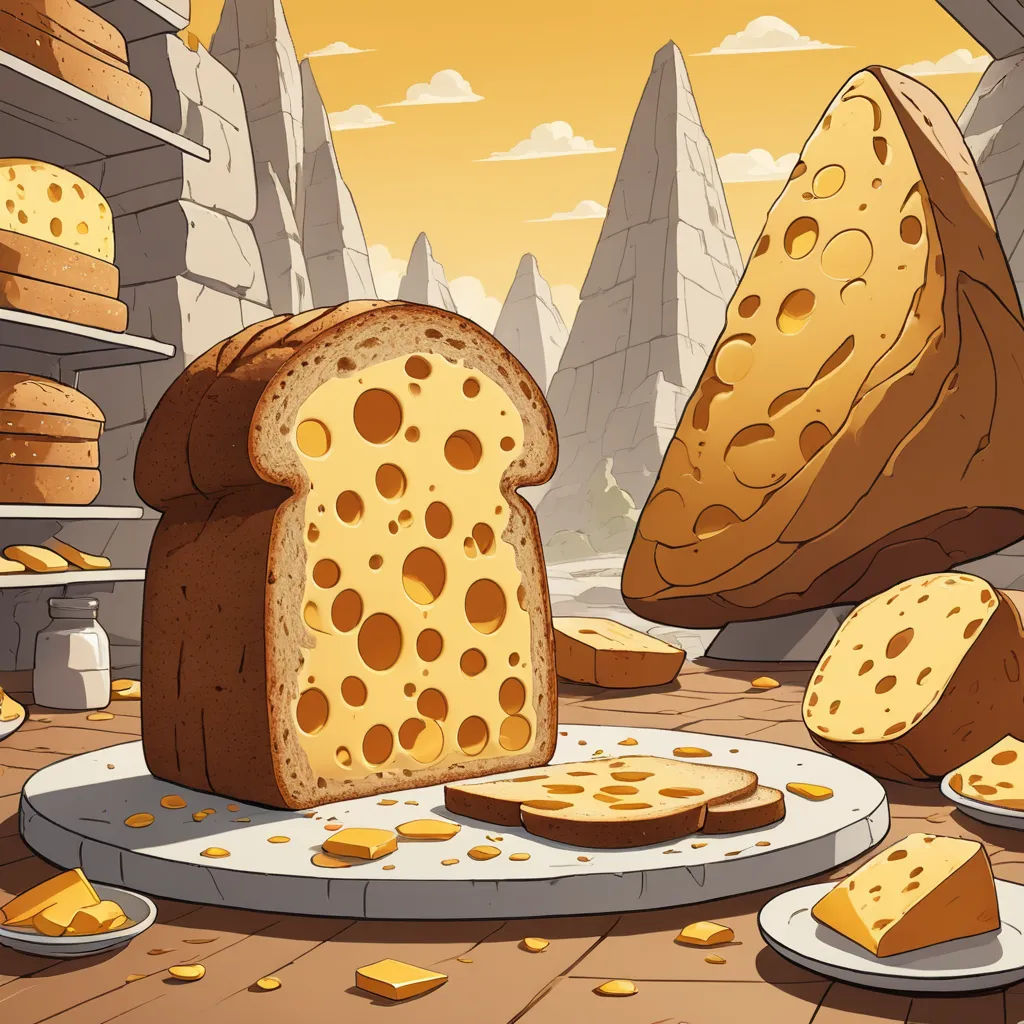 a cartoon of a piece of bread and slices of cheese on a plate on a table with other breads, serial art, concept art, Chris LaBrooy, promotional image