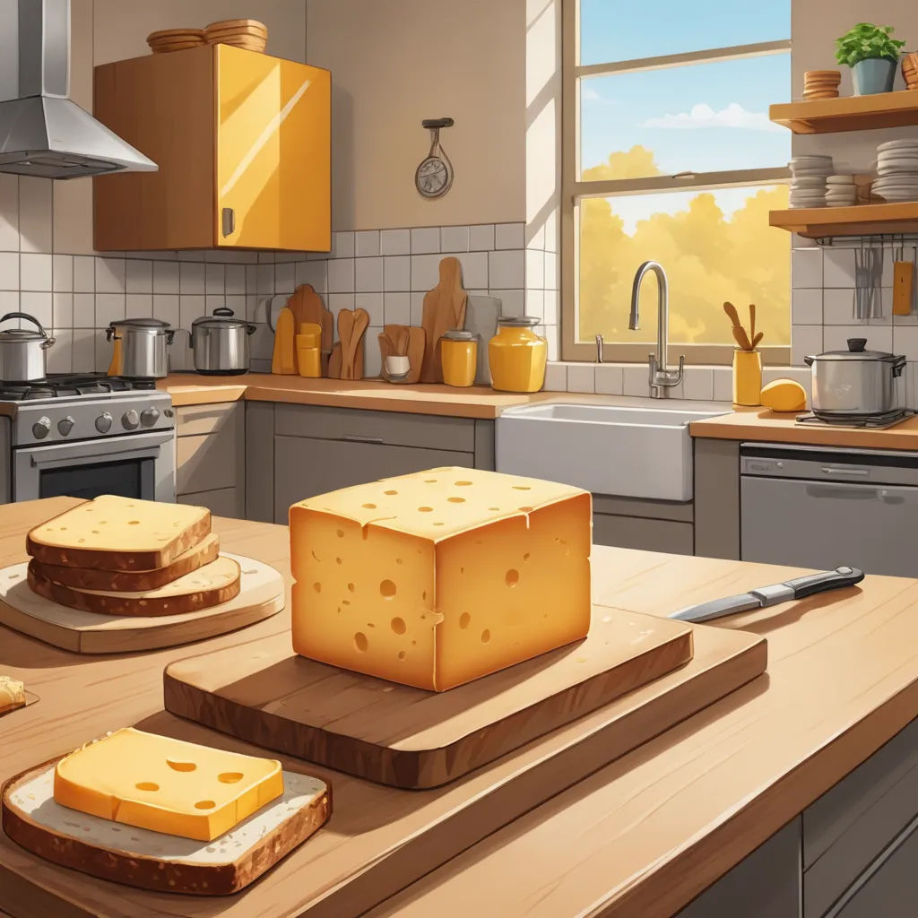 a painting of a kitchen with cheese on a cutting board and a knife on a cutting board on a counter, american scene painting, a detailed matte painting, Evgeny Lushpin, game art