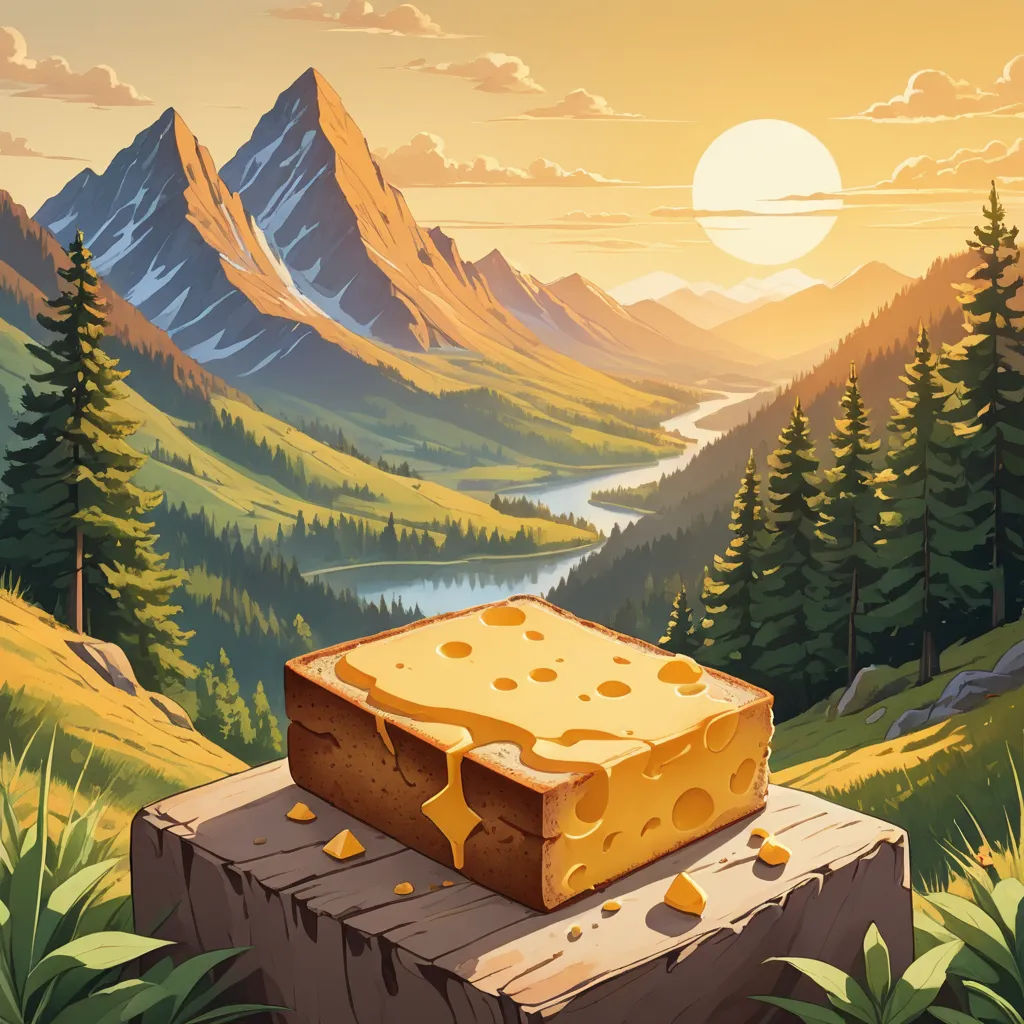 a piece of cheese sitting on top of a wooden block of cheese in a forest with mountains in the background, regionalism, a storybook illustration, Dan Mumford, trending on art station