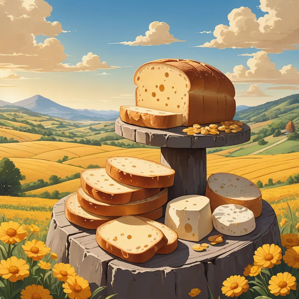 a painting of a bunch of bread on a table with a view of a valley and mountains in the background, synthetism, a detailed matte painting, Christophe Vacher, official art