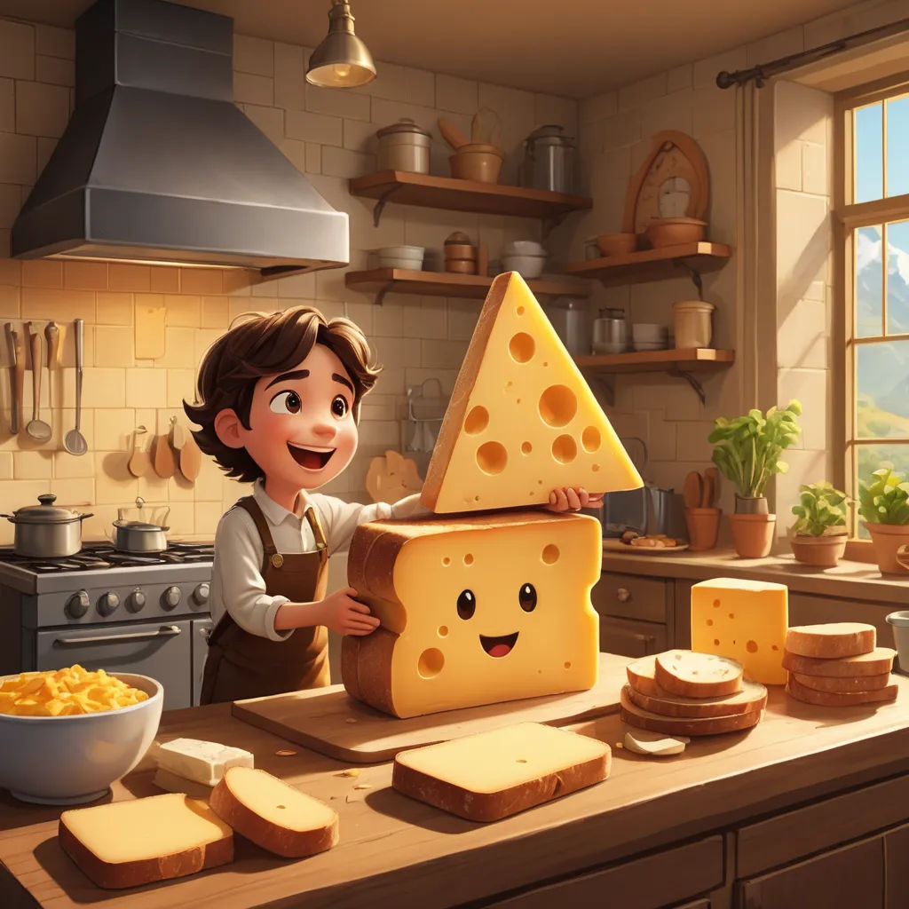 a cartoon character is making a cheese slice in a kitchen with a bowl of cheese and a bowl of cheese, sots art, a storybook illustration, Chris LaBrooy, storybook illustration