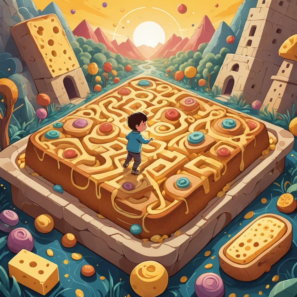 a boy standing in front of a maze in a field of yellow and blue circles and rocks, with a yellow sun in the background, sots art, a storybook illustration, Chris LaBrooy, rossdraws global illumination