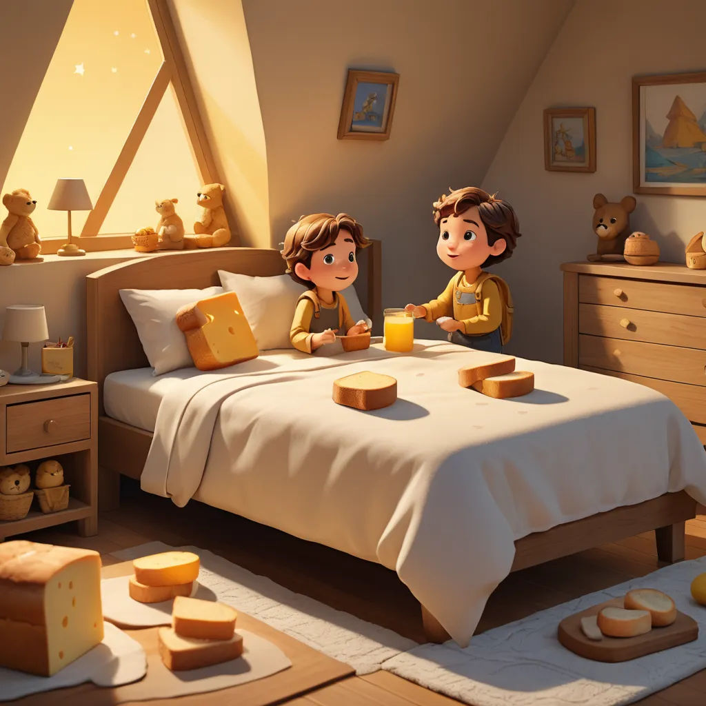 a couple of kids sitting on a bed in a bedroom with cheese on the bed and bread on the floor, photorealism, a storybook illustration, Chris LaBrooy, rossdraws global illumination