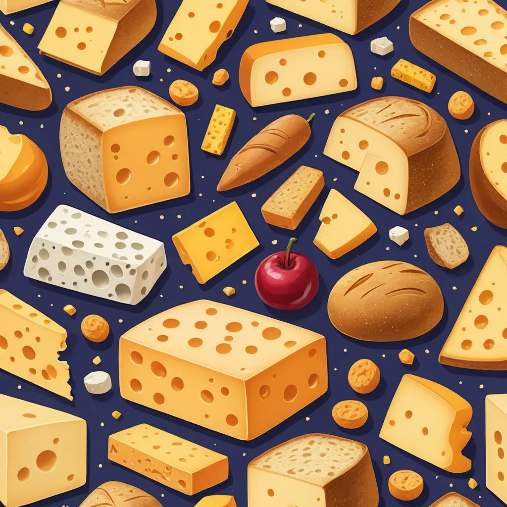 a bunch of cheeses and breads on a blue surface with a red apple and a red apple, maximalism, a storybook illustration, Chris LaBrooy, detailed illustration