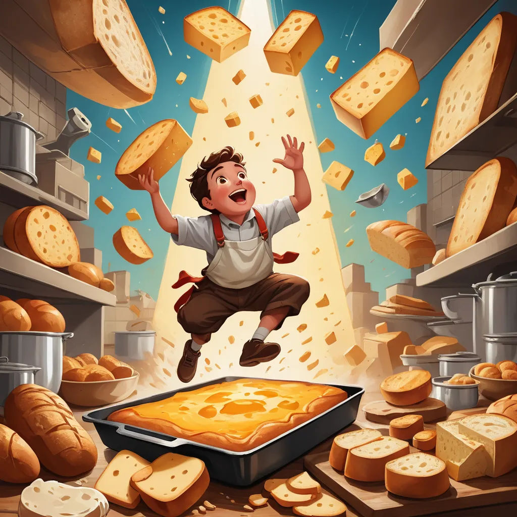 a boy jumping in the air over a pan of bread and cheeses in a kitchen with a lot of breads flying around, fantasy art, a storybook illustration, Aaron Jasinski, storybook illustration
