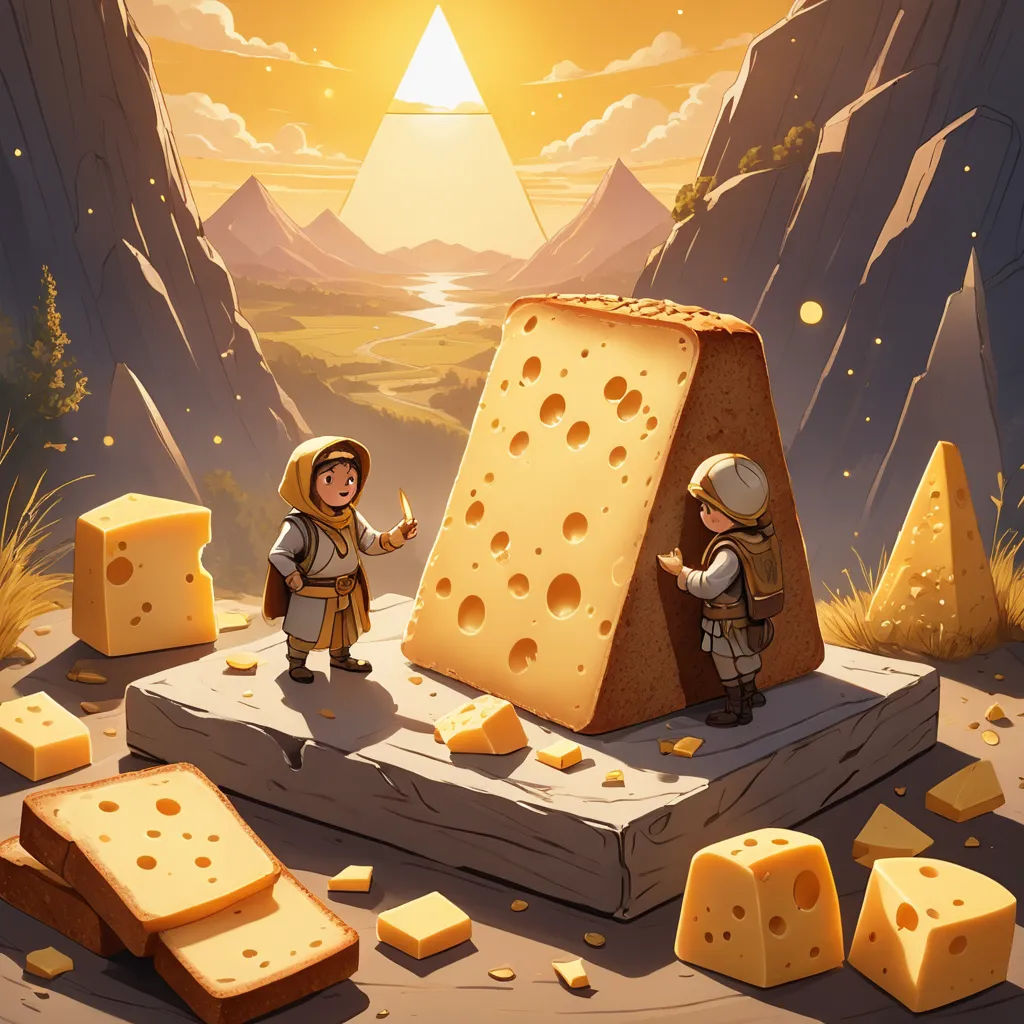 a cartoon of two people standing next to a giant piece of cheese with a giant piece of cheese on it, fantasy art, a storybook illustration, Chris LaBrooy, rossdraws global illumination