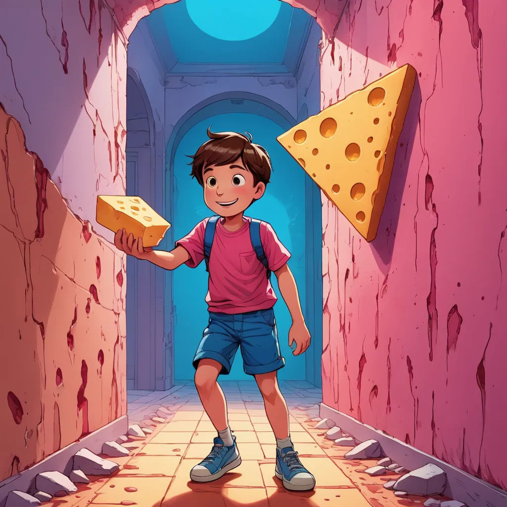 a boy holding a piece of cheese in a hallway with a pink wall and a blue door behind him, sots art, a storybook illustration, Chris LaBrooy, book cover