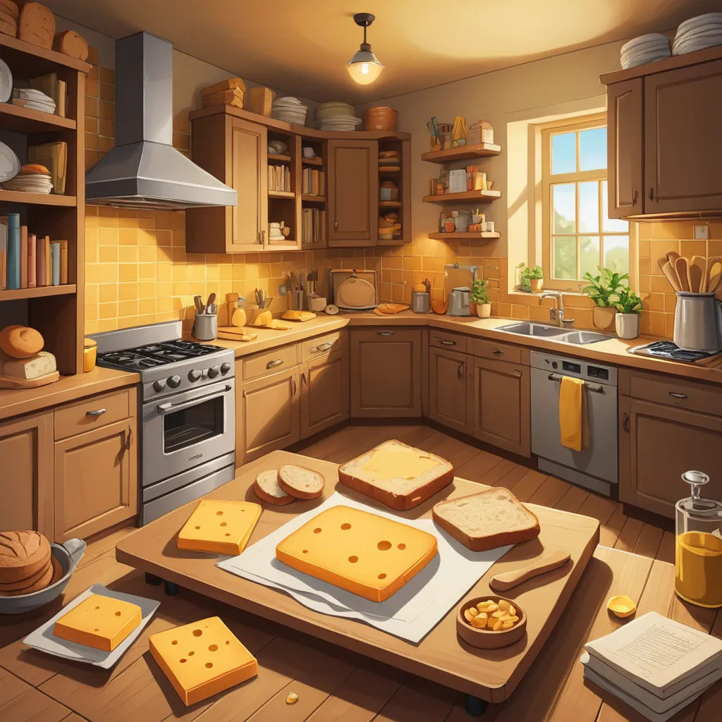 a kitchen with a cutting board with cheese on it and a stove top oven with a microwave and a window, american scene painting, a detailed matte painting, Evgeny Lushpin, game art