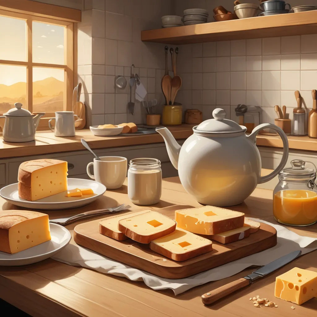 a painting of a kitchen with a tea pot, tea kettle, butter and slices of cheese on a cutting board, photorealism, a photorealistic painting, Evgeny Lushpin, unreal engine render
