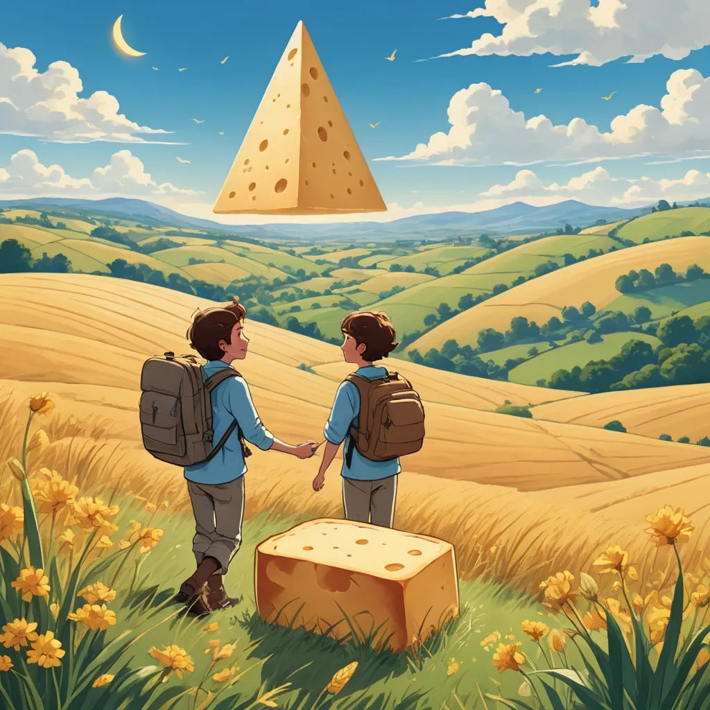 two people standing in a field with a cheese box in front of them and a pyramid in the background, pop surrealism, a storybook illustration, Chris LaBrooy, storybook illustration