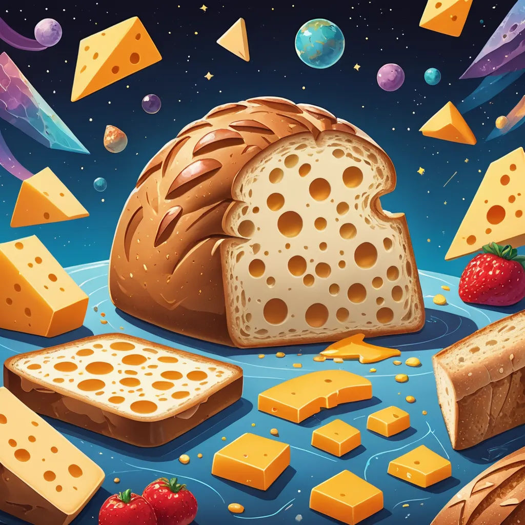 a piece of bread with cheese and strawberries on a blue surface with space and stars in the background, space art, a storybook illustration, Chris LaBrooy, behance hd