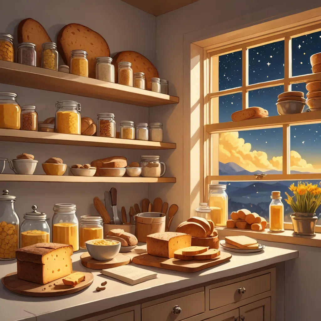 a painting of a kitchen with a window and shelves filled with bread and butter and buttered goods on the counter, american scene painting, a storybook illustration, Evgeny Lushpin, warm lighting