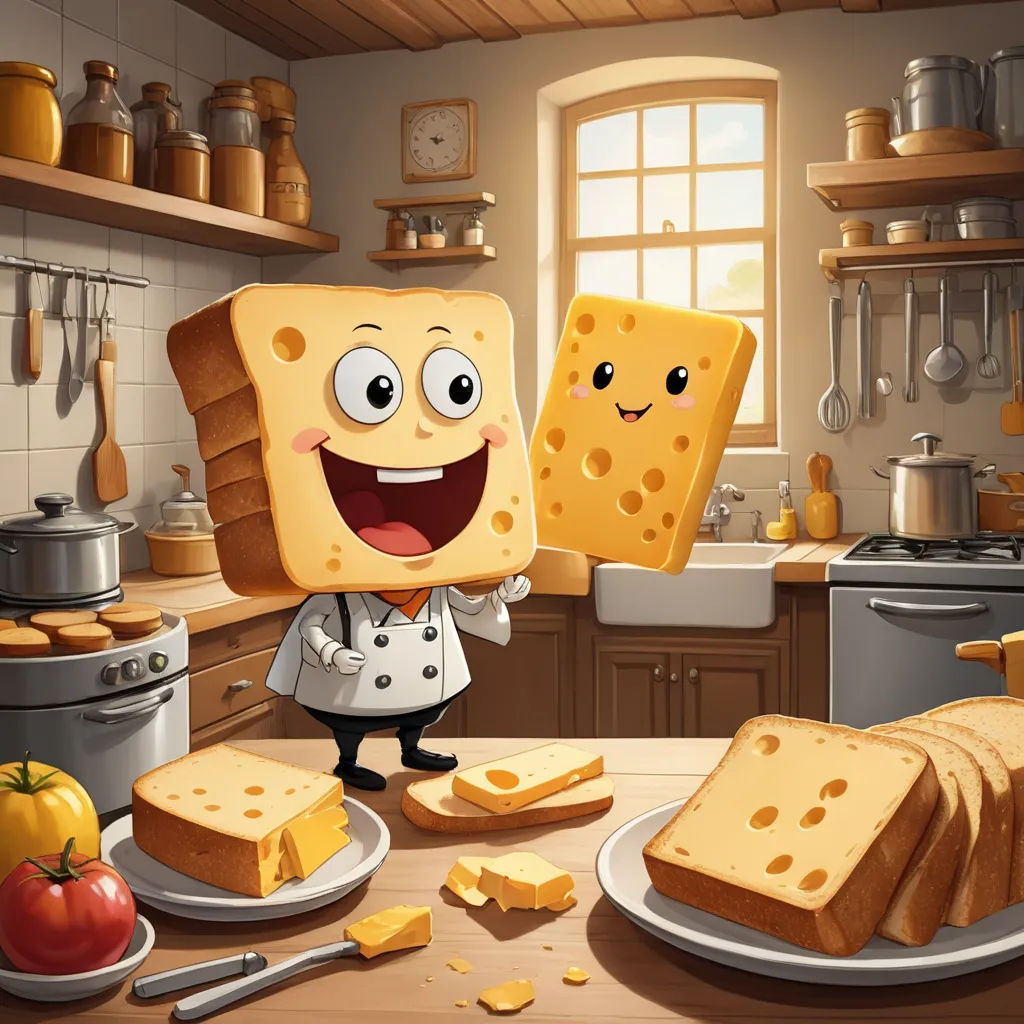 a cartoon character holding a piece of cheese on a plate in a kitchen with other food items on the counter, pop surrealism, a storybook illustration, Chris LaBrooy, behance hd
