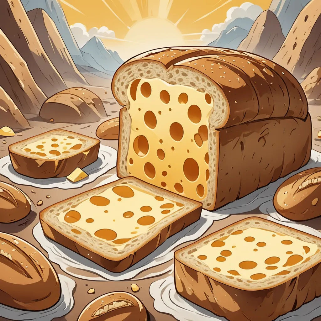 a loaf of bread with slices cut out of it and some bread slices on the ground with a sun in the background, sots art, a stock photo, Chris LaBrooy, rossdraws global illumination