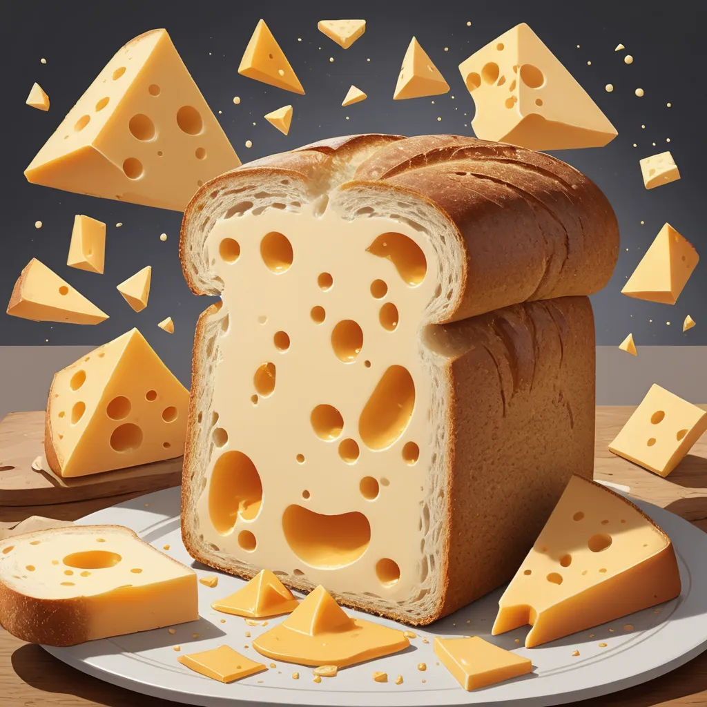 a piece of bread with cheese on a plate with slices of cheese falling out of it and cheese wedges on the plate, cubism, a 3D render, Chris LaBrooy, ultra realistic illustration