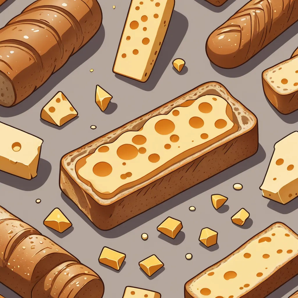 a bunch of bread and cheeses on a table together with a gray background and a gray surface with a few pieces of bread and cheeses, context art, vector art, Chris LaBrooy, detailed illustration