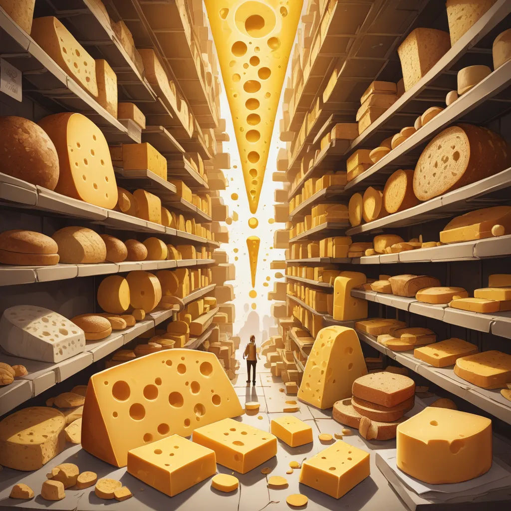 a man standing in a room filled with shelves filled with cheeses and cheese slices on shelves, with a person standing in the middle of the aisle, analytical art, a storybook illustration, Cyril Rolando, rossdraws global illumination