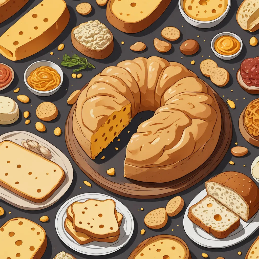 a variety of breads and crackers on a table with a plate of crackers and a bagel, generative art, vector art, Chris LaBrooy, behance hd