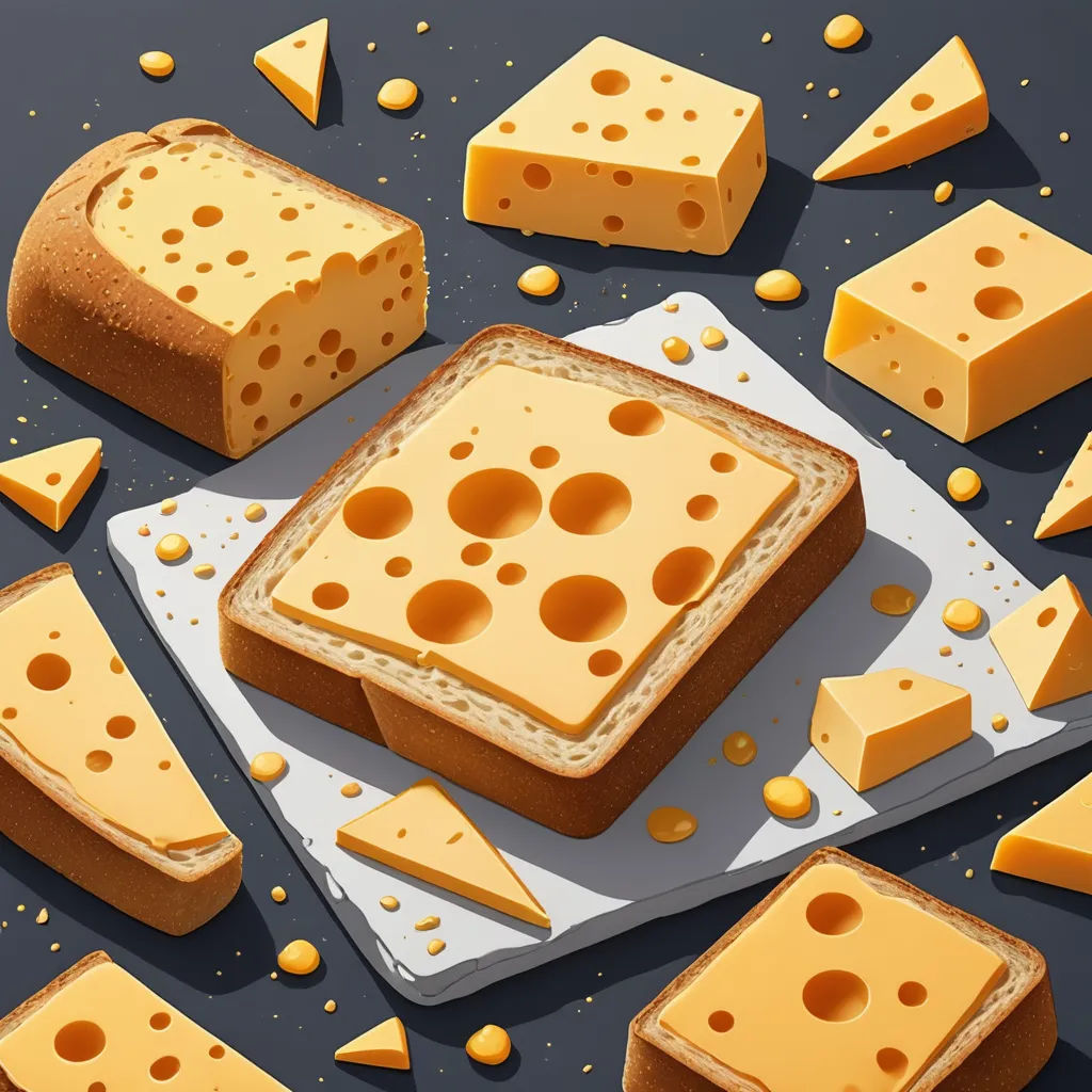 a piece of bread with cheese on it and some slices of cheese on the side of it with holes in the middle, cubism, a 3D render, Chris LaBrooy, ultra realistic illustration