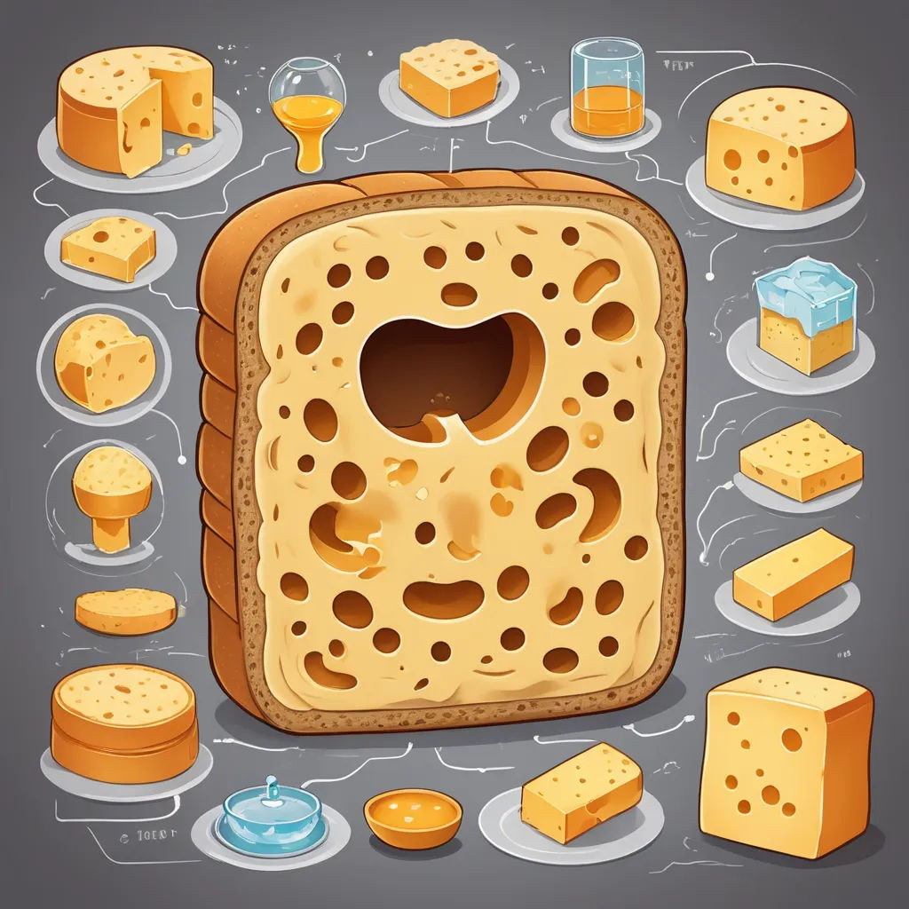a piece of bread with holes in it and other cheeses around it on a gray background with a blue glass of wine, neoplasticism, a storybook illustration, Chris LaBrooy, detailed illustration