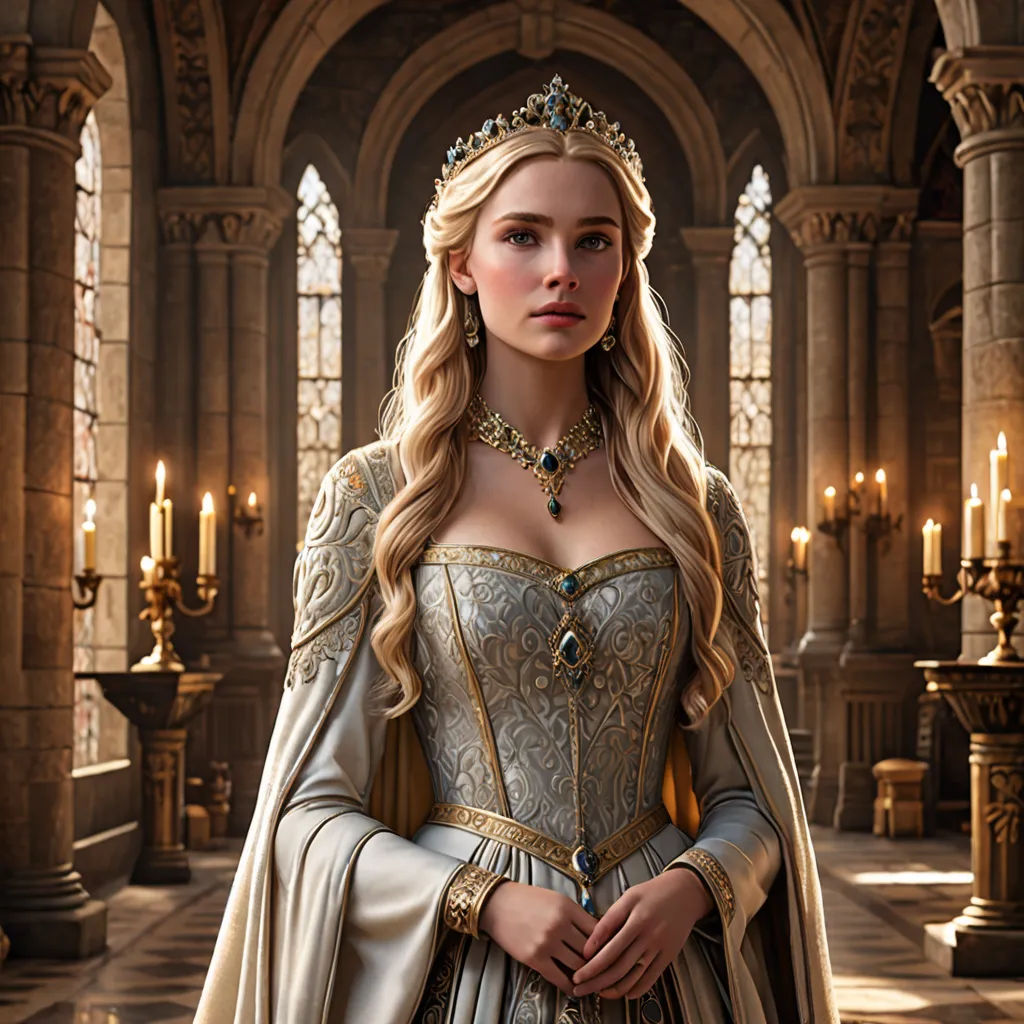 a woman in a medieval dress standing in a castle like setting with candles in the background and a chandelier in the foreground, gothic art, a detailed matte painting, Celia Fiennes, promotional image