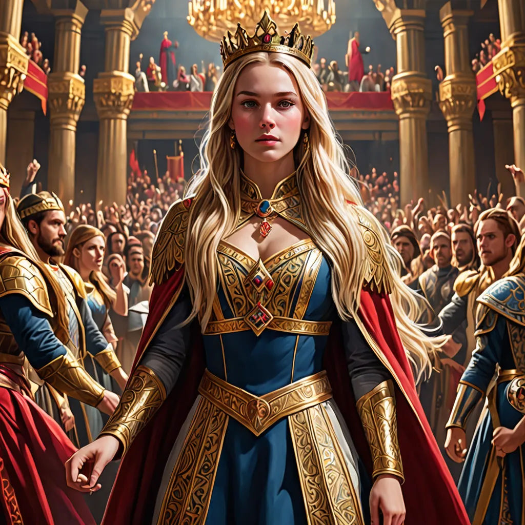 a woman in a blue dress and a crown standing in front of a crowd of people in a palace, fantasy art, a detailed painting, Donato Giancola, magic the gathering artwork