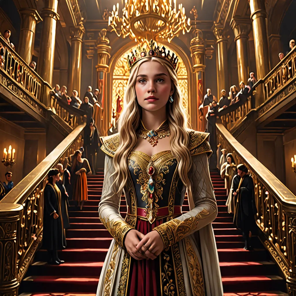 a woman in a dress standing in front of a staircase with a crown on her head and a crown on her head, sots art, poster art, Araceli Gilbert, official art