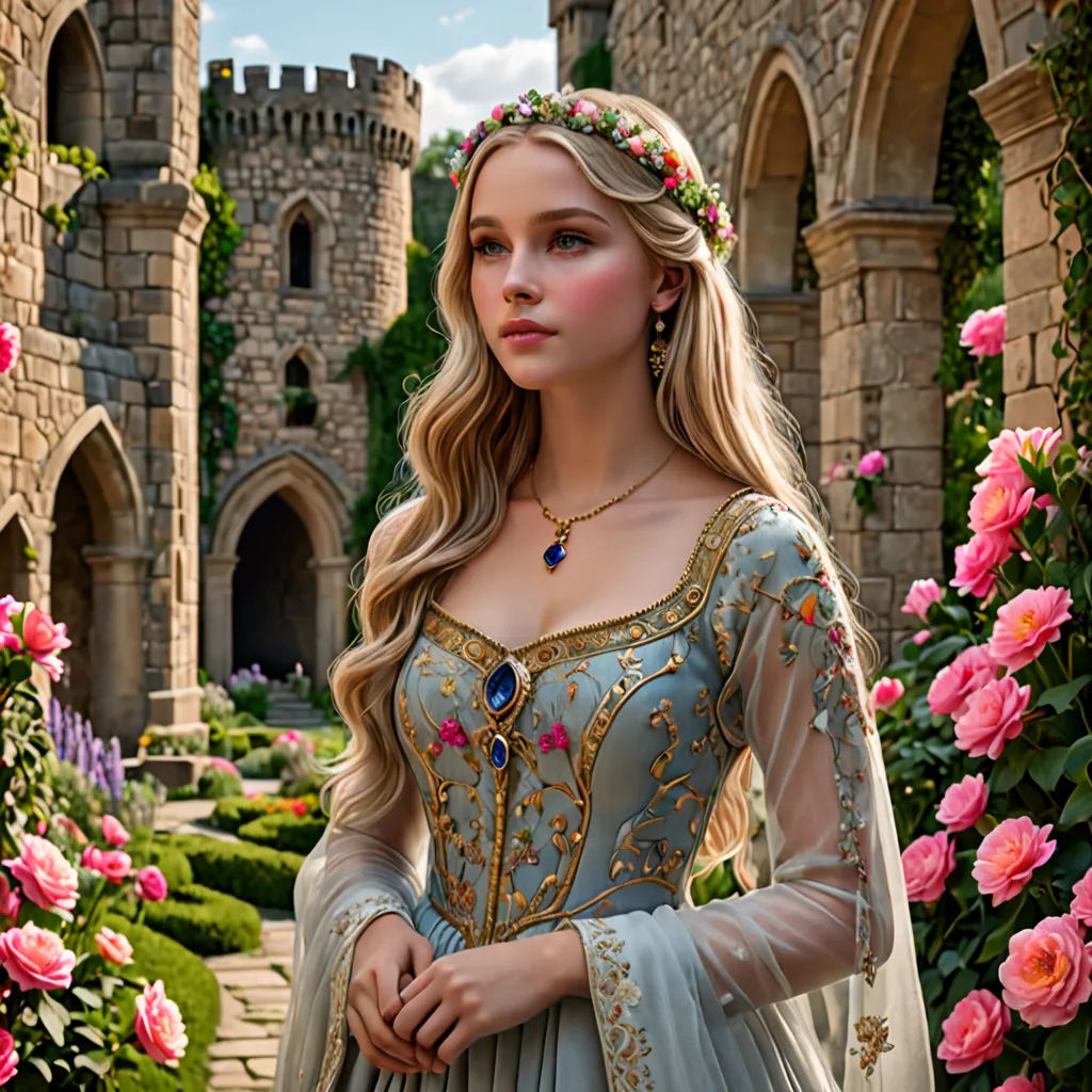 a woman in a dress standing in front of a castle with roses in the background and a castle like building, fantasy art, a detailed matte painting, Anna Maria Barbara Abesch, highly detailed digital painting