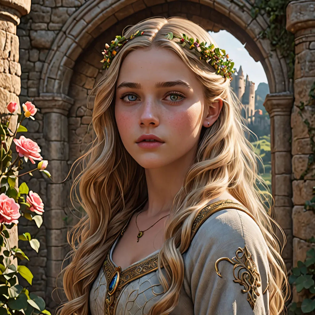 a woman in a dress standing in front of a castle entrance with roses in her hair and a crown on her head, fantasy art, a detailed matte painting, Constance Gordon-Cumming, promotional image