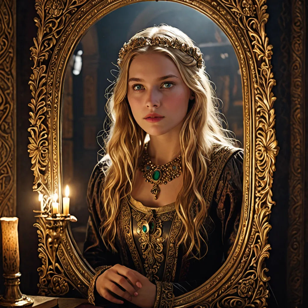 a woman in a golden dress is looking into a mirror with a candle in front of her and a candle in the background, gothic art, a character portrait, Artur Tarnowski, promotional image