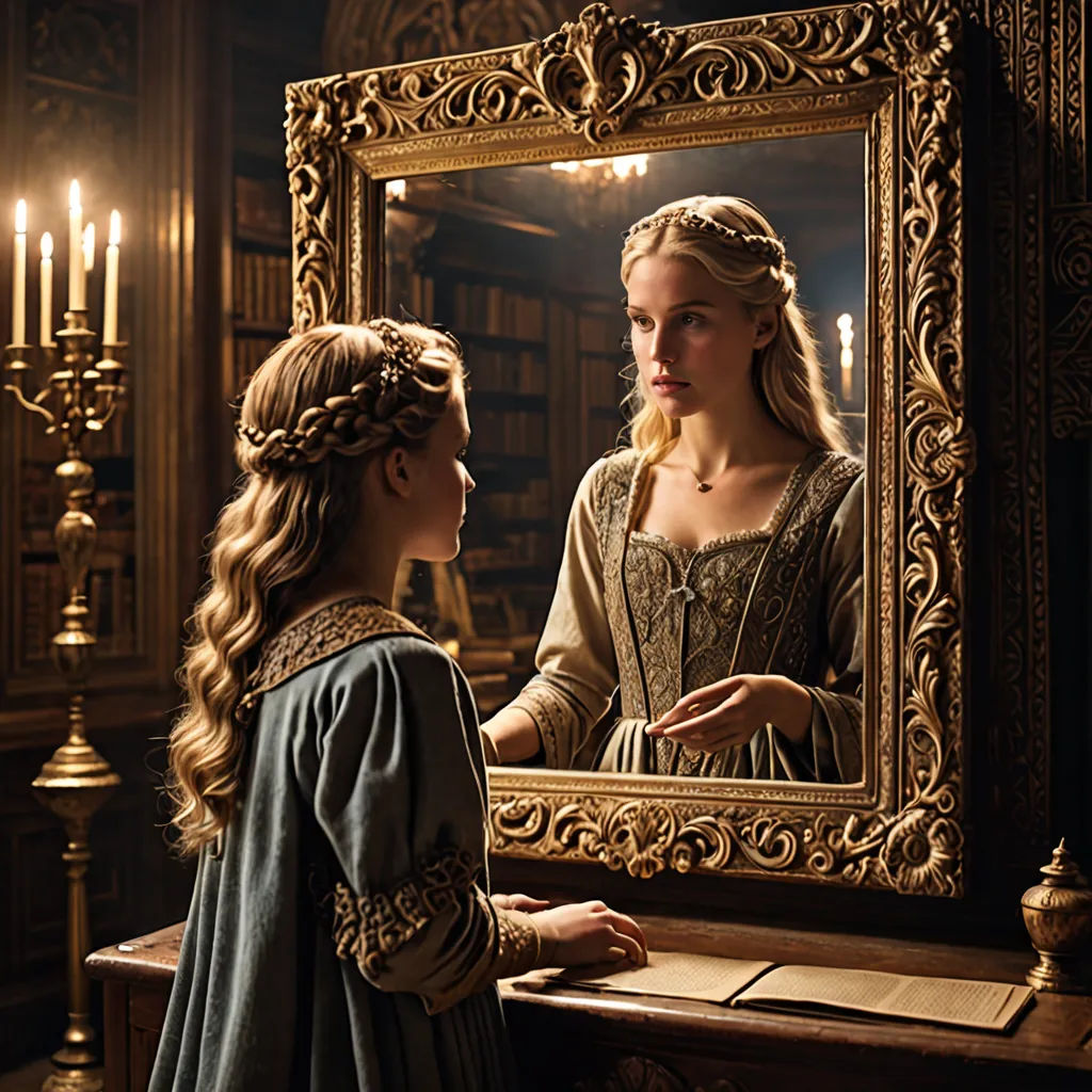 a woman looking at herself in a mirror in a room with candles and a bookcase on the wall, mannerism, a flemish Baroque, Anne Said, promotional image