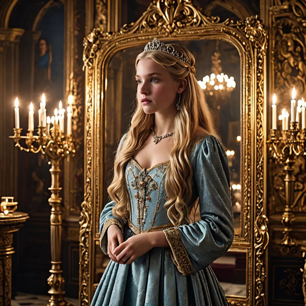 a woman in a blue dress standing in front of a mirror with candles in it and a crown on her head, rococo, a flemish Baroque, Anna Maria Barbara Abesch, promotional image