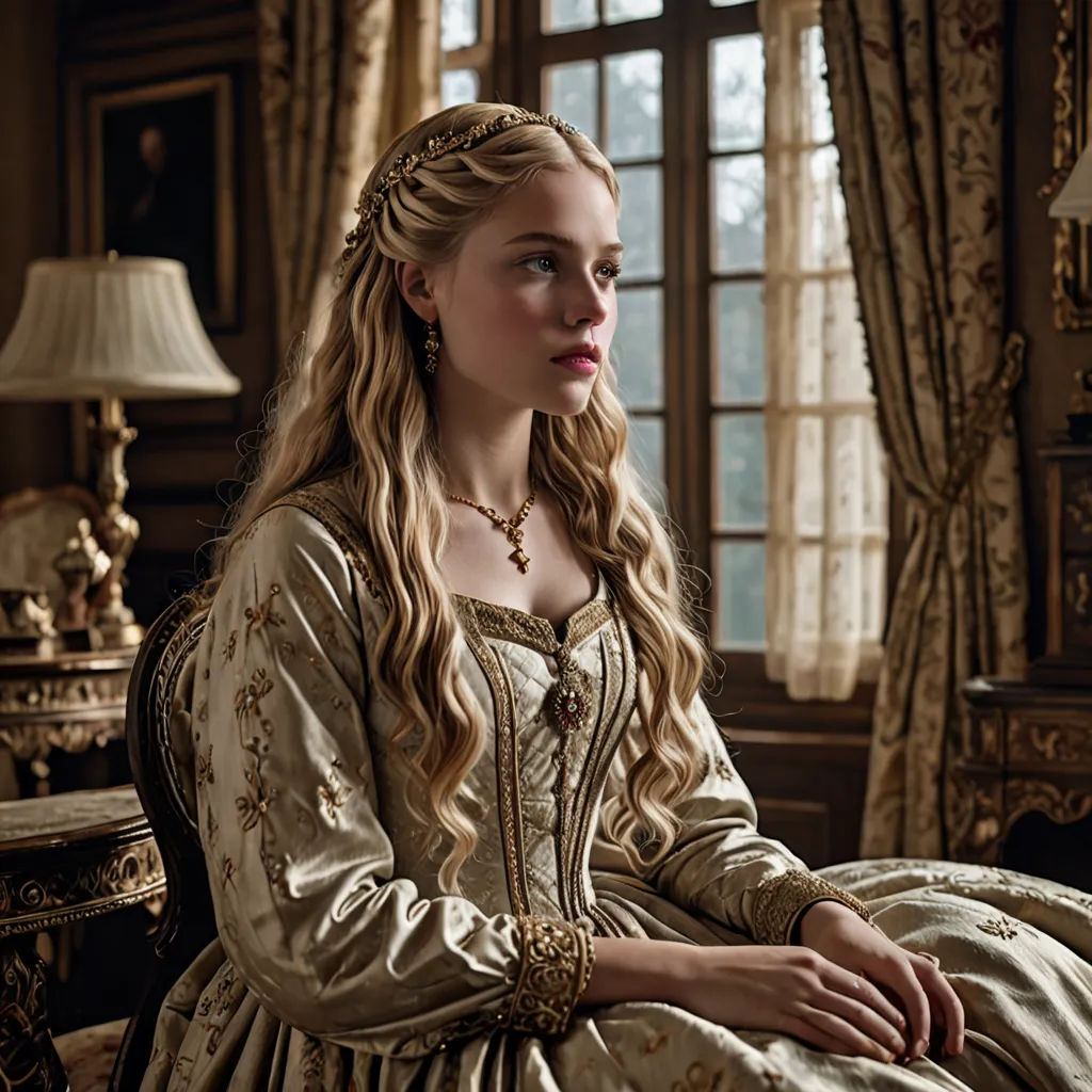 a woman in a dress sitting in a chair in a room with a window and a lamp on the side, mannerism, a flemish Baroque, Anna Maria Barbara Abesch, promotional image