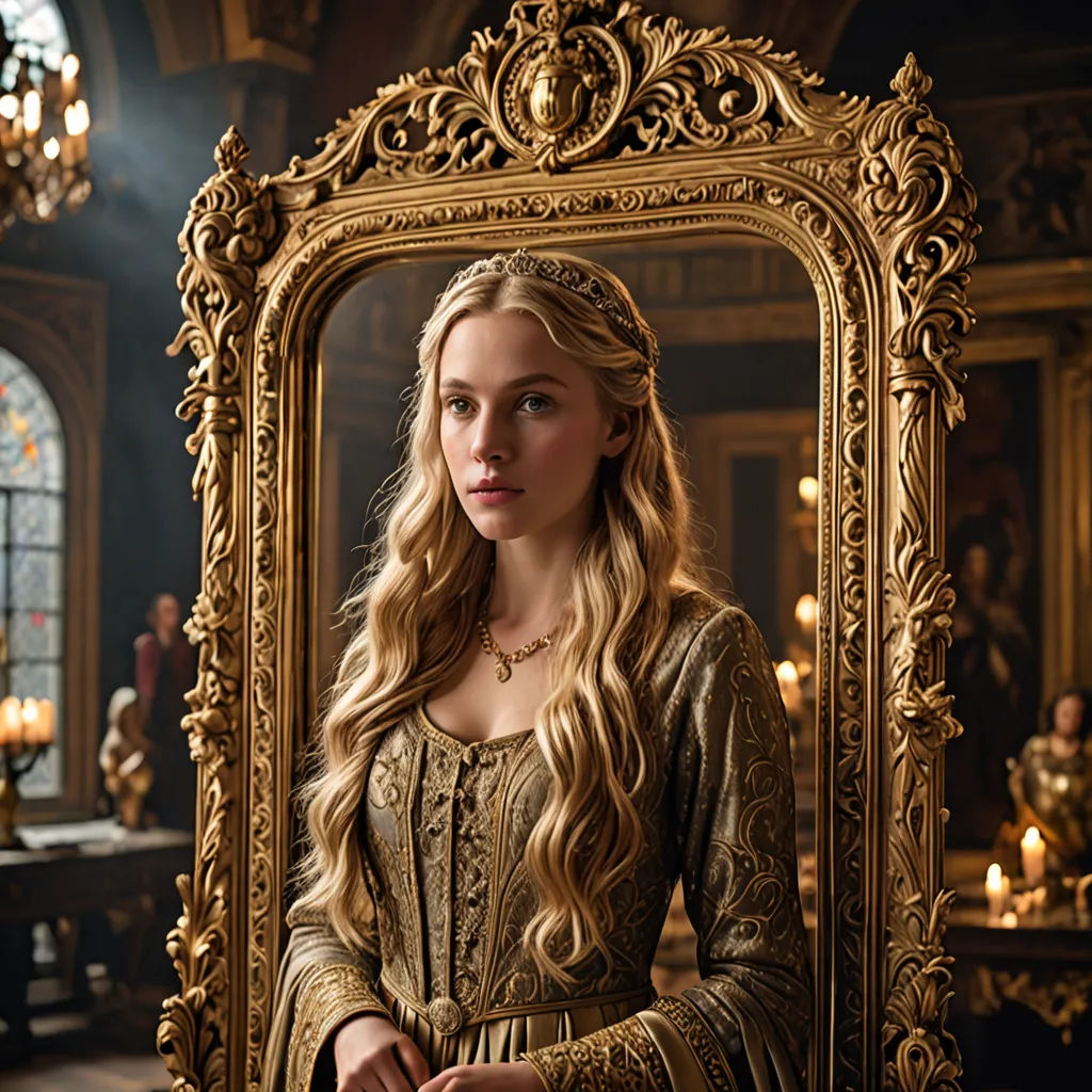 a woman in a golden dress is looking at herself in a mirror with candles in the background and a man in a suit in the background, gothic art, a character portrait, Constance Gordon-Cumming, promotional image