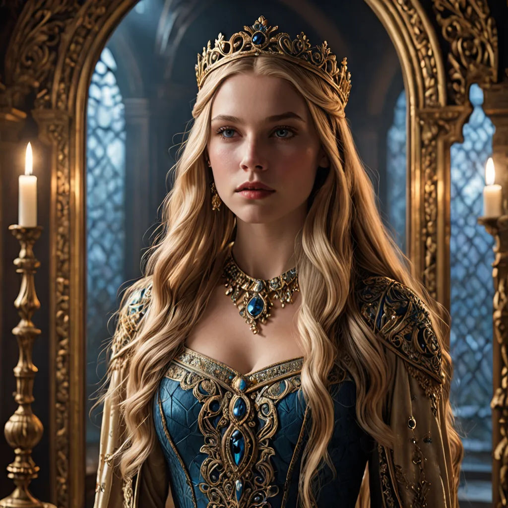 a woman in a blue dress with a gold crown and a candle in front of a mirror with a candle holder, gothic art, a character portrait, Anna Maria Barbara Abesch, promotional image
