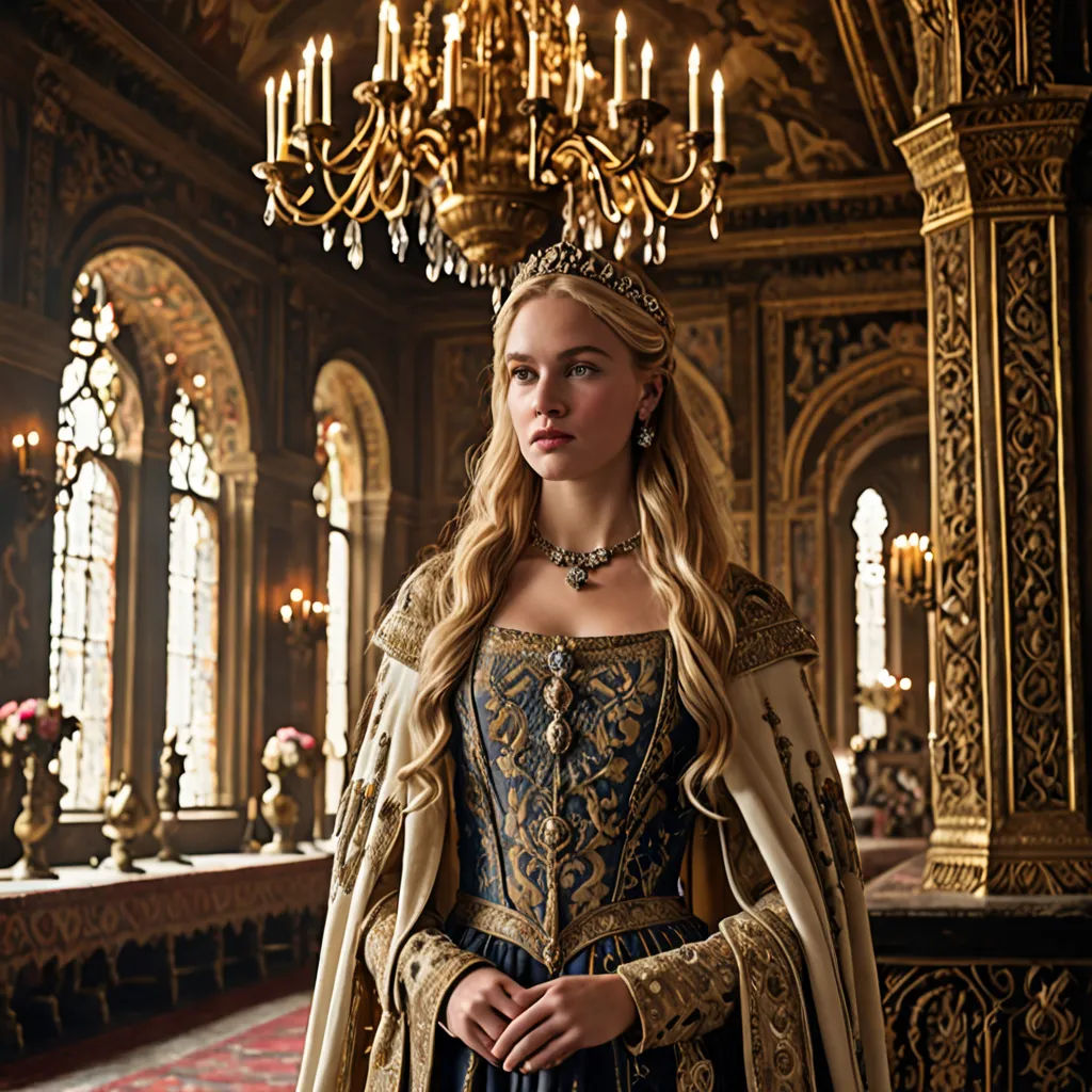 a woman in a medieval dress standing in a room with chandelier and chandelier hanging from the ceiling, renaissance, a flemish Baroque, Anna Maria Barbara Abesch, promotional image
