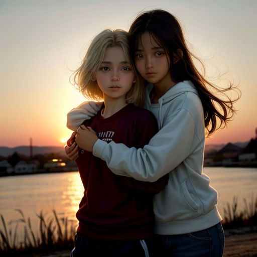 two girls hugging each other in front of a sunset over a body of water with a boat in the background