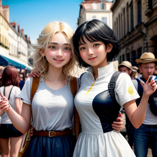 two young women standing next to each other in a street with people in the background and a blue sky