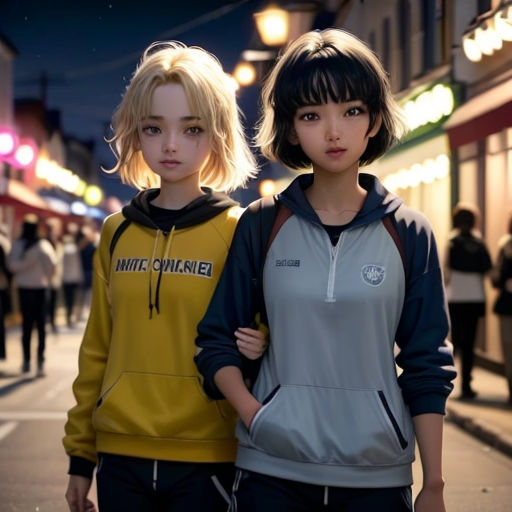 two young women standing next to each other on a street at night time, with a city in the background