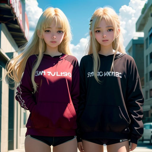two young girls standing next to each other on a street corner wearing matching sweatshirts and shorts with the words detroit on them