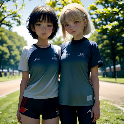 two young women standing next to each other in a park with trees in the background and grass in the foreground