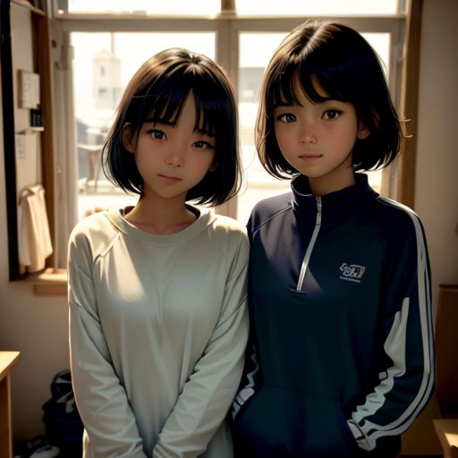 two young girls standing next to each other in front of a window with a window sill behind them