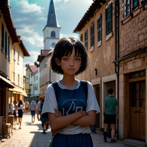 a young girl standing in the middle of a street with her arms crossed and a church steeple in the background