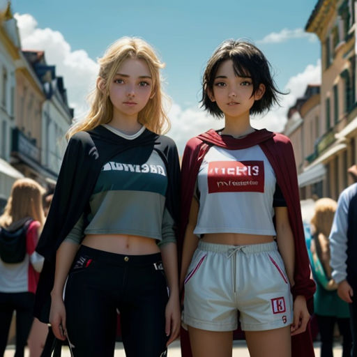 two girls standing next to each other in front of a crowd of people in a city street with buildings