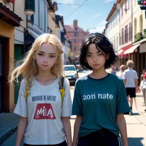 two young girls standing next to each other on a street corner in a city with people walking by and a car