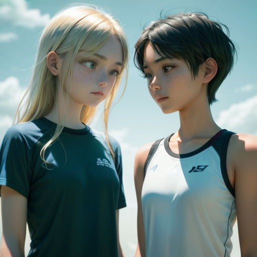 two young women standing next to each other in front of a blue sky with clouds and a few clouds