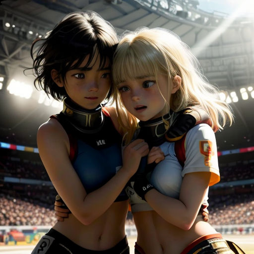 two anime girls standing next to each other in front of a stadium full of people and fans, with a stadium in the background