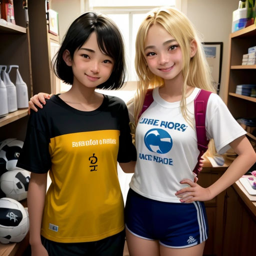 two young women standing next to each other in a store shelf with soccer balls on the shelves behind them